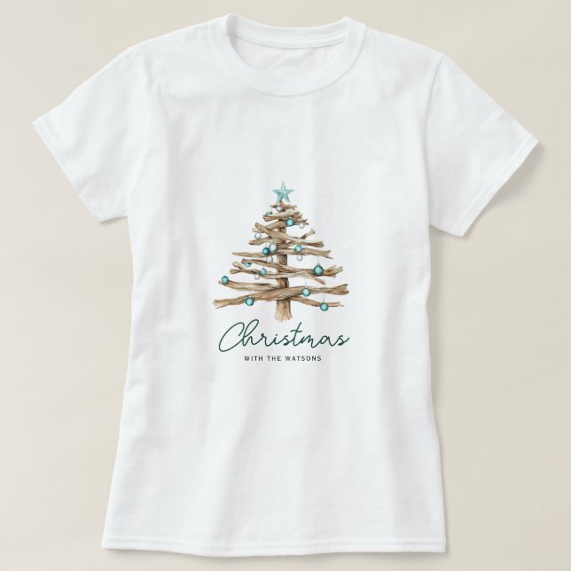 Camiseta Árvore de Natal Rústica Personalizada com Enfeites (Frente do Design)
