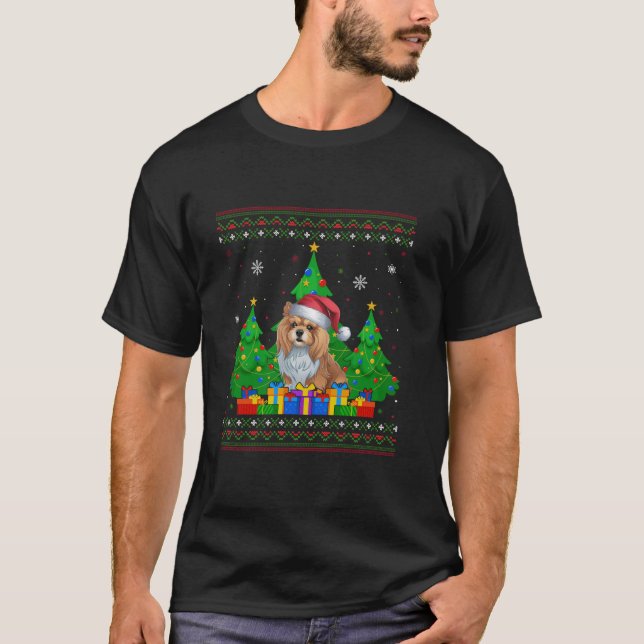 Camiseta Árvore de Natal Santa Hat Lhasa Apso D, doce (Frente)