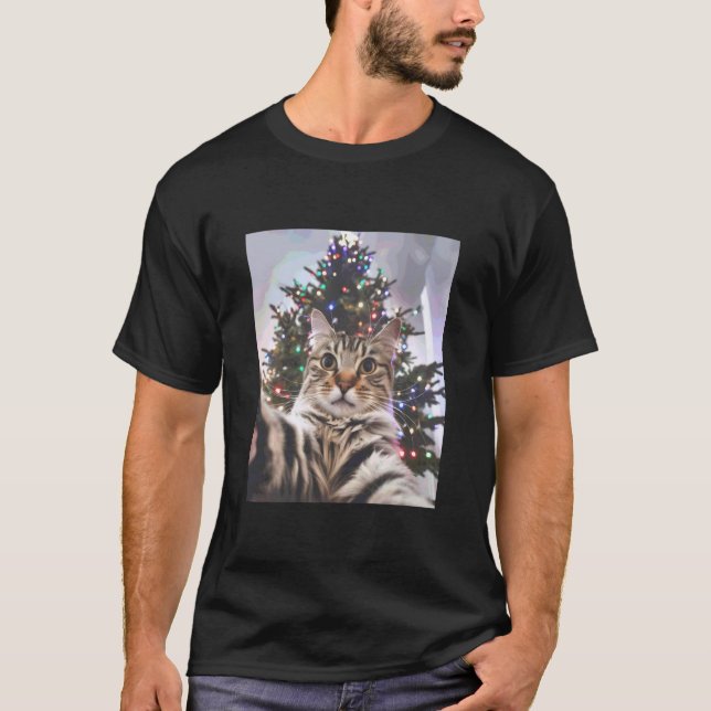 Camiseta Árvore de Natal Selfie de Gato (Frente)