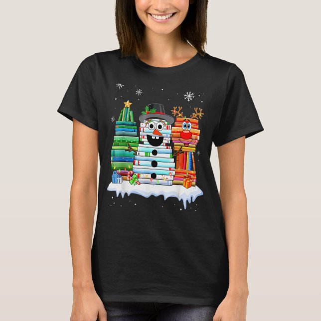 Camiseta Árvore de Natal Snowman Reindeer Book Stack Librar (Frente)