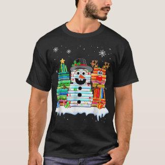 Camiseta Árvore de Natal, Snowman Reindeer Book Stack Tea P