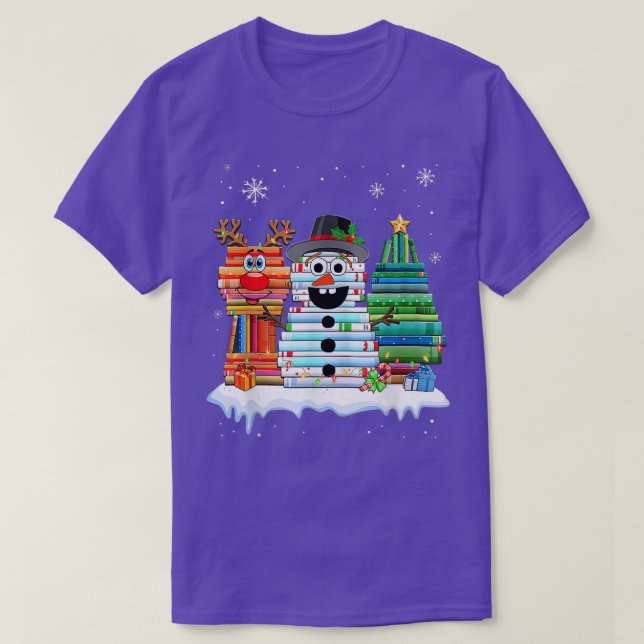Camiseta Árvore de Natal Snowman Reindeer Book Stack Tee Li (Frente do Design)