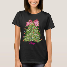 Camiseta Árvore de Natal verde de fita rosa