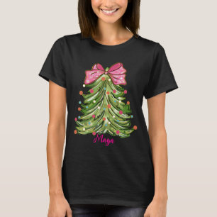 Camiseta Árvore de Natal verde de fita rosa