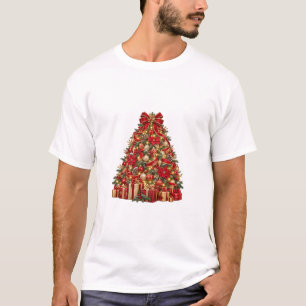 Camiseta Árvore de Natal Vermelha Dourada Elegante