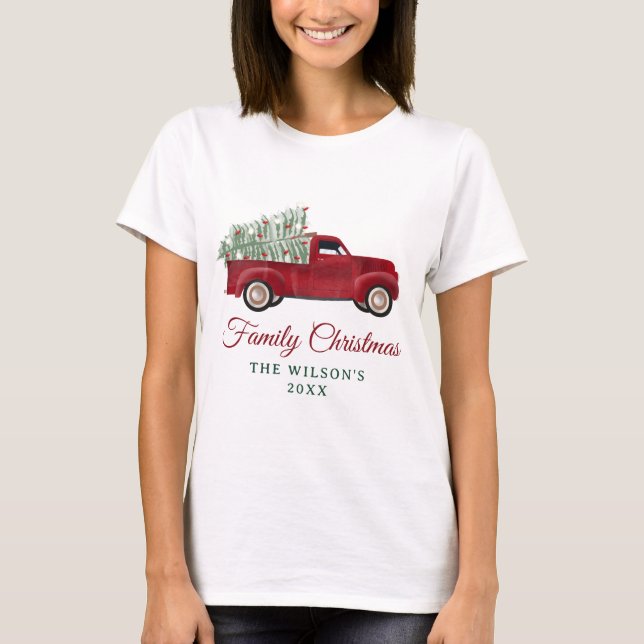 Camiseta Árvore de Xmas de Caminhão Antiquado de Natal Fami (Frente)