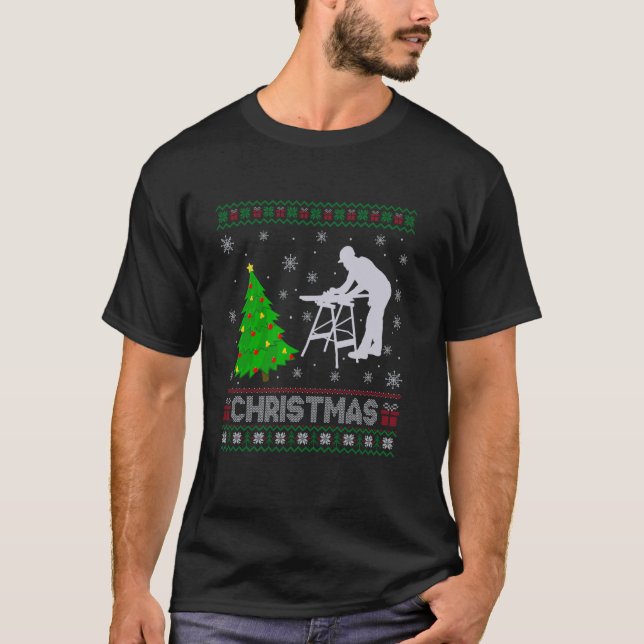 Camiseta Árvore do Carpinteiro Xmas Iluminando Feia de Nata (Frente)