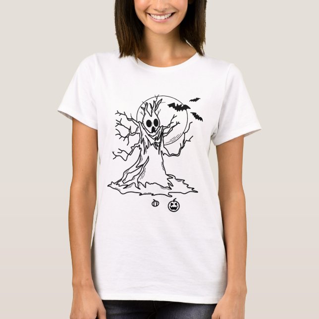 Camiseta Árvore do Dia das Bruxas com Maravilhas, Lua e Bom (Frente)