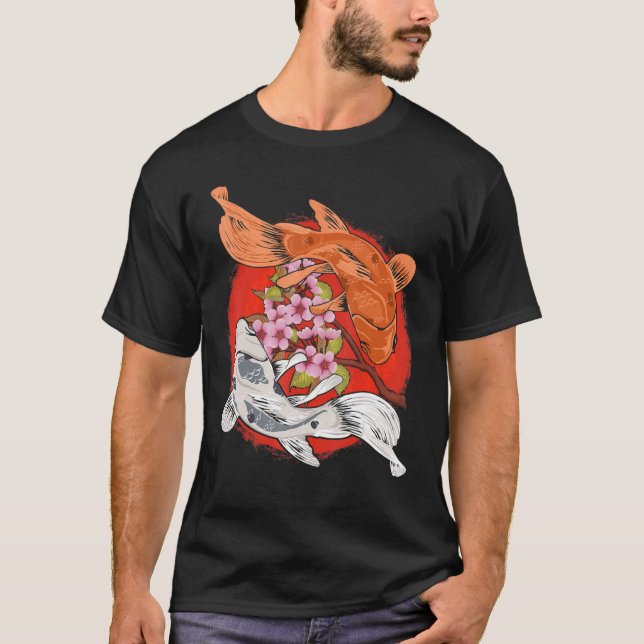 Camiseta Árvore do Flor de Cereja Japonês Koi Fish Yin Yang (Frente)