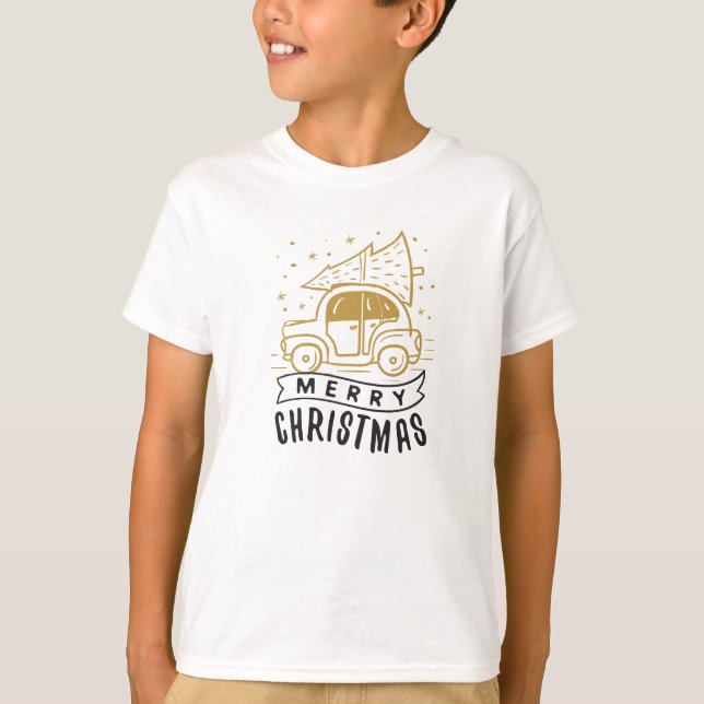 Camiseta Árvore Dourada de Carro de Natal Feliz (Frente)
