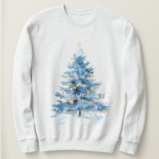 Camiseta Árvore Dourada de Natal azul (Frente do Design)