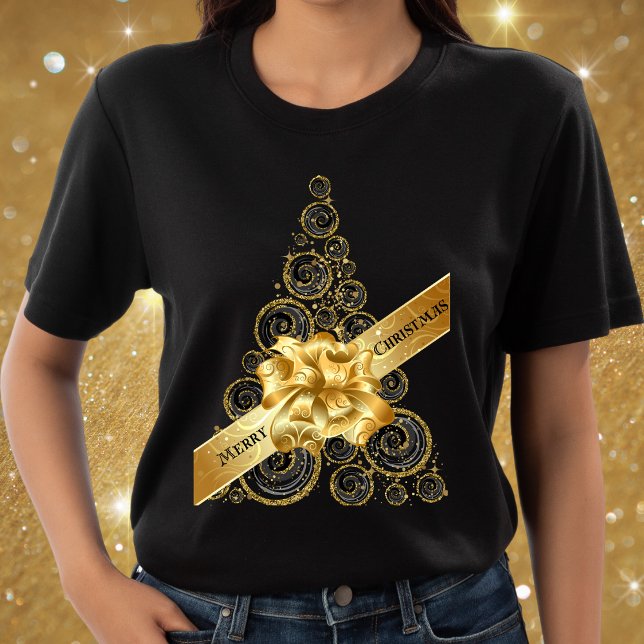 Camiseta Árvore Dourada de Natal Elegante Chic Black e Arco (Criador carregado)