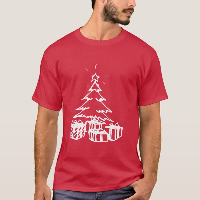 Camiseta Árvore e presentes de Natal desenhados à mão (Frente)