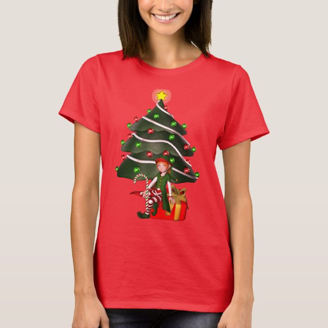 Camiseta Árvore Elf de Natal Apresentada Bonita (Frente)