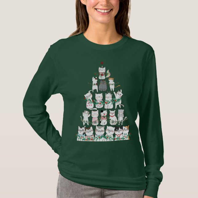 Camiseta Árvore Engraçado de Gato de Natal (Frente)