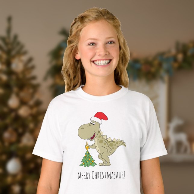 Camiseta Árvore Feliz de Natal Dinossauro Santa Hat (Criador carregado)