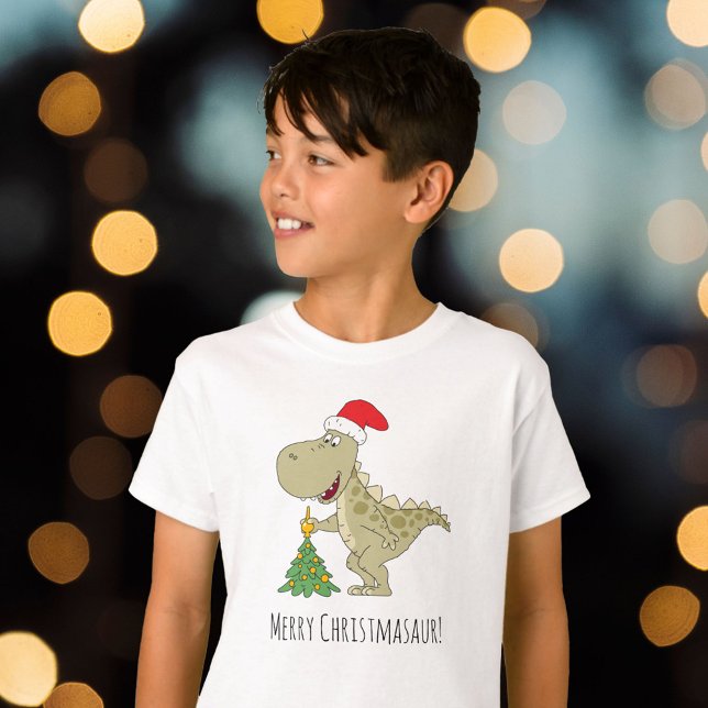 Camiseta Árvore Feliz de Natal Dinossauro Santa Hat (Criador carregado)