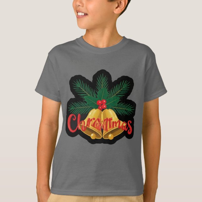 Camiseta "Árvore Festiva: Design de Natal de Arcos e Bells" (Frente)