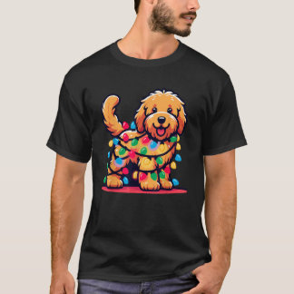 Camiseta Árvore Natal de Goldendoodle Luzes Ouro Doo