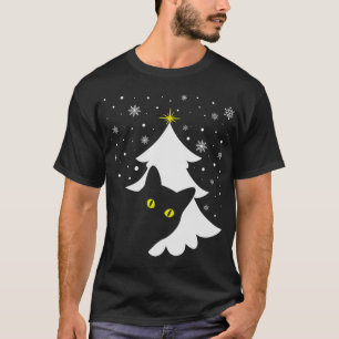 Camiseta Árvore Natal Negra Gato Negra Neve e estrelas