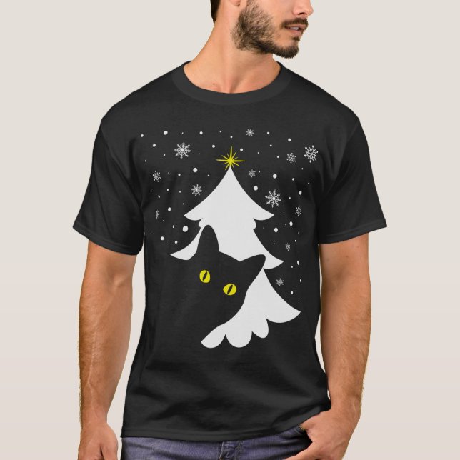 Camiseta Árvore Natal Negra Gato Negra Neve e estrelas (Frente)