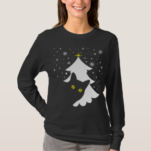 Camiseta Árvore Natal Negra Gato Negra Neve e estrelas
