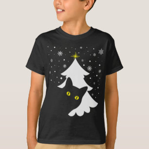Camiseta Árvore Natal Negra Gato Negra Neve e estrelas