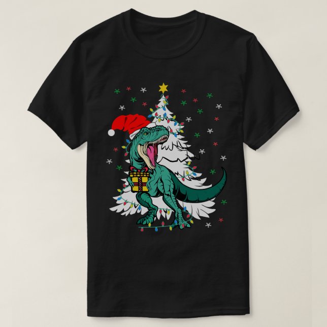Camiseta Árvore Rex TRex Vestindo Santa Hat Árvore de Natal (Frente do Design)