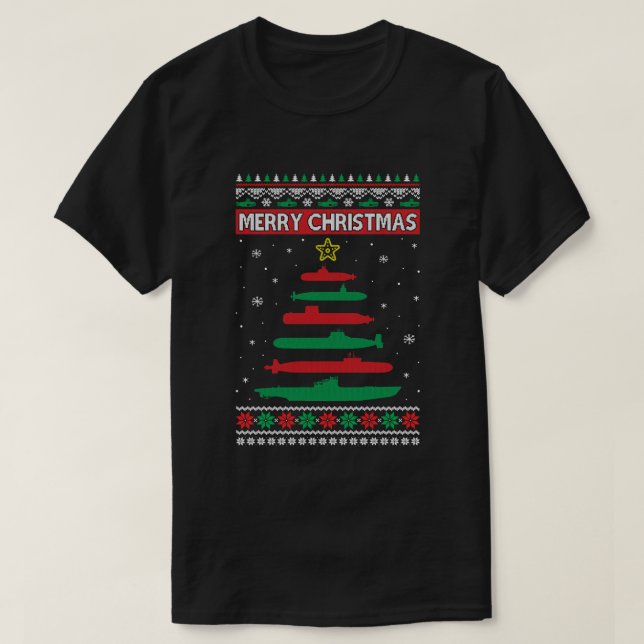 Camiseta Árvore Submarina Militar Engraçado Natal Feio Xmas (Frente do Design)