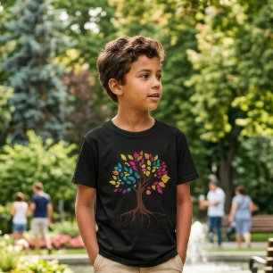 Camiseta Árvore Vibrante da Vida: Raízes e folhas coloridas