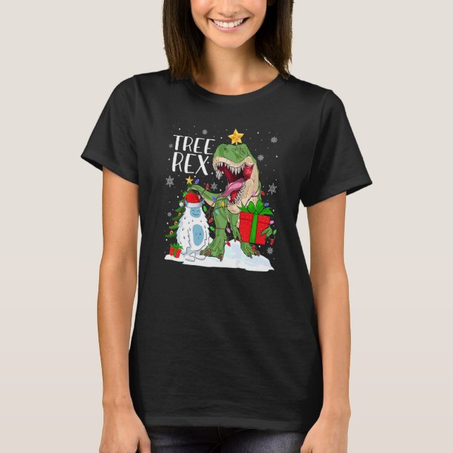 Camiseta Árvore Xmas Luzes Papais noeis Dinossaur Rex Yeti  (Frente)