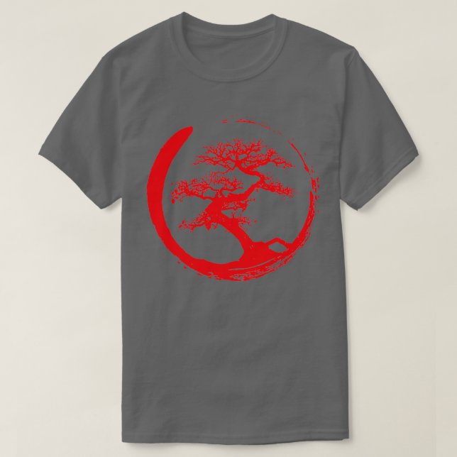 Camiseta Árvore Zen Bonsai em vermelho no círculo Enso (Frente do Design)