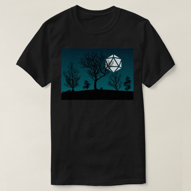 Camiseta Árvores de Morto Noturno assustadoras D20 Dice Tab (Frente do Design)