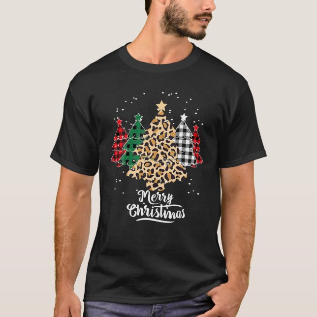 Camiseta Árvores de Natal Alegres Com Leopardo de Xadrez de (Frente)