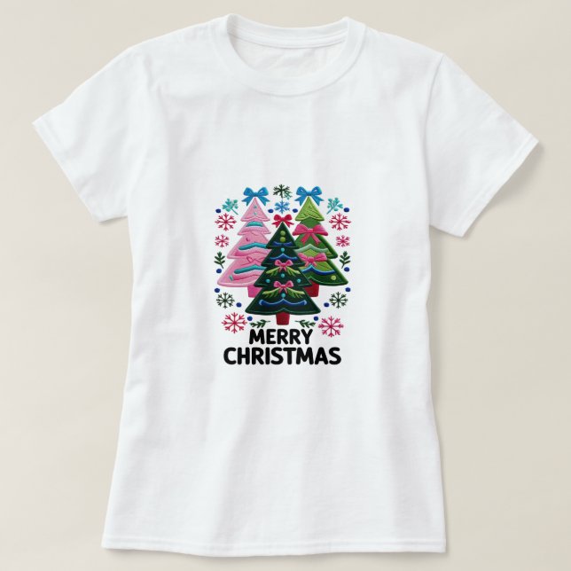Camiseta Árvores de Natal Bordadas – Feliz Natal Pastel (Frente do Design)
