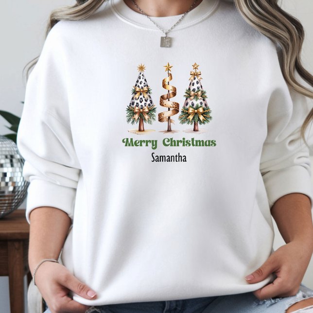 Camiseta Árvores de Natal com estampa de leopardo sofistica (Classy Leopard Christmas Trees gift for her hoodie)