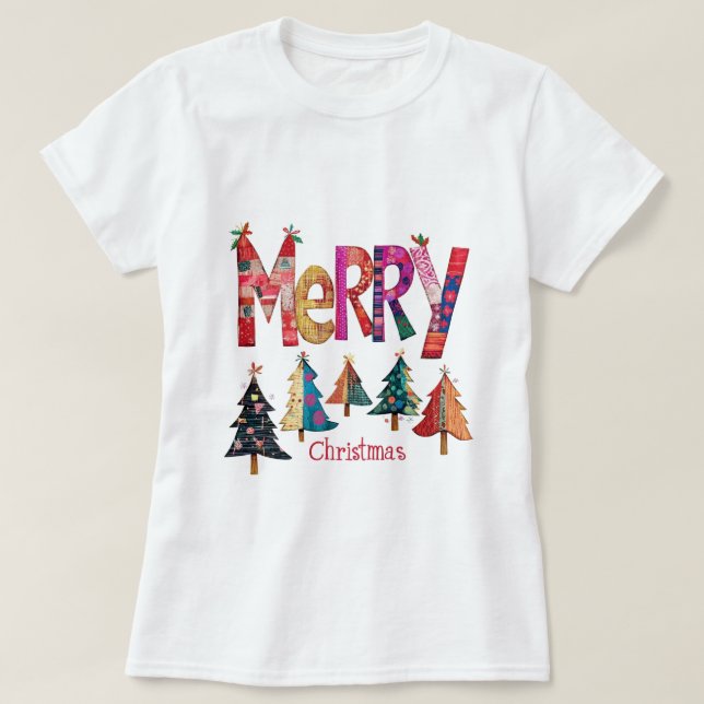 Camiseta Árvores de Natal felizes (Frente do Design)