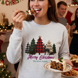 Camiseta Árvores de Natal Rústicas em Xadrez Família Rena M
