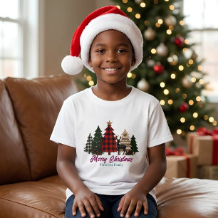 Camiseta Árvores de Natal Xadrez Rústico Rena Família crian