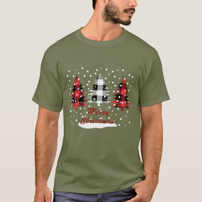 Camiseta Árvores de pinheiro de natal decoradas com xadrez  (Frente)