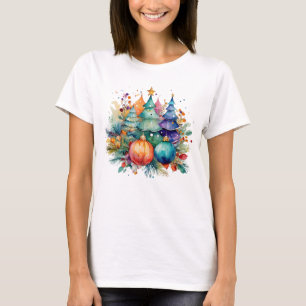 Camiseta Árvores e ornamentos de Natal em Aquarela - Elegan