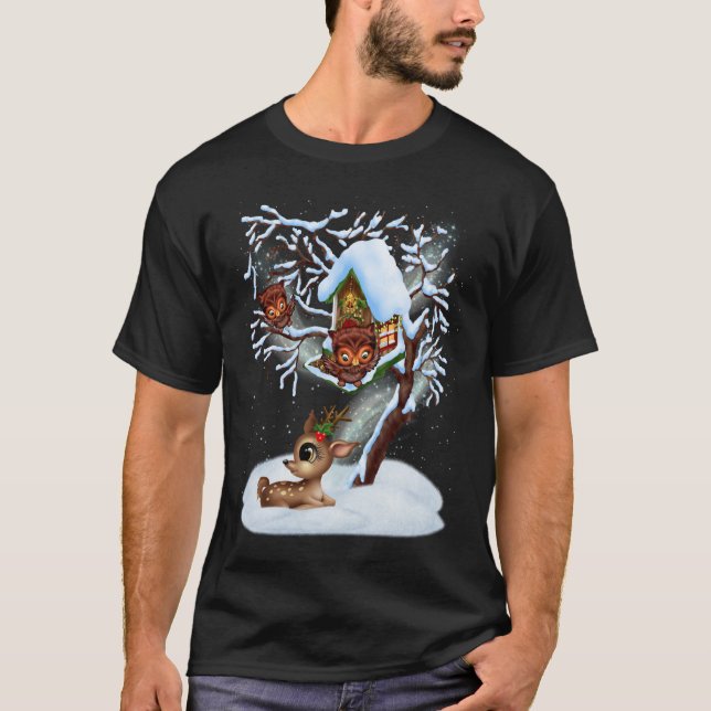 Camiseta As corujas bonitas e as renas bebês... (Frente)