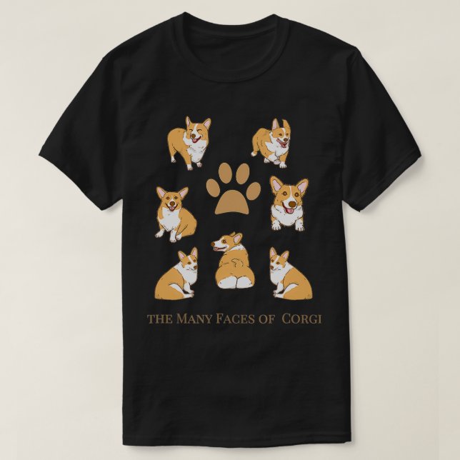 Camiseta As muitas faces do cachorro Corgi Funny Corgi (Frente do Design)