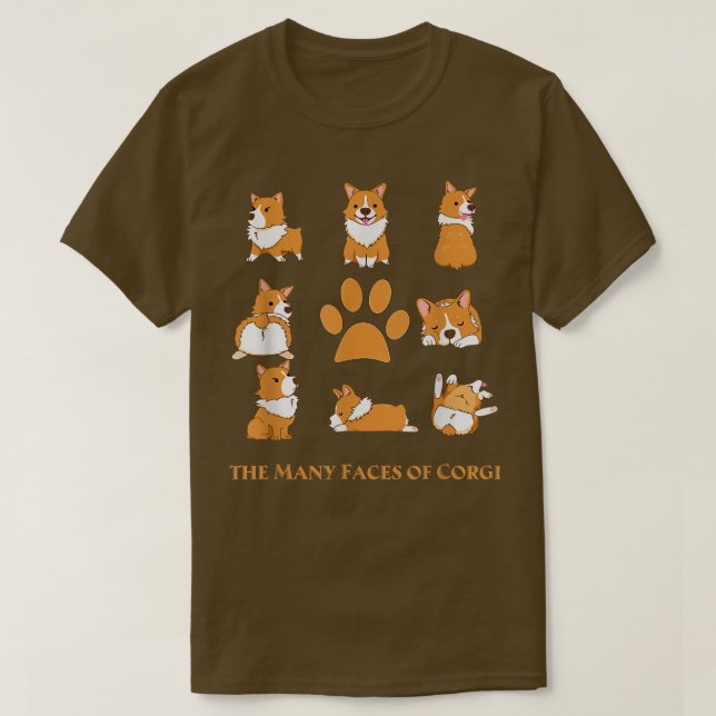 Camiseta As Várias Faces do Cachorro Corgi Engraçado  (Frente do Design)