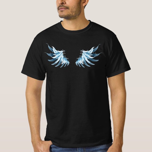 Camiseta Asas Anjos Azuis Brilhantes em fundo preto (Frente)