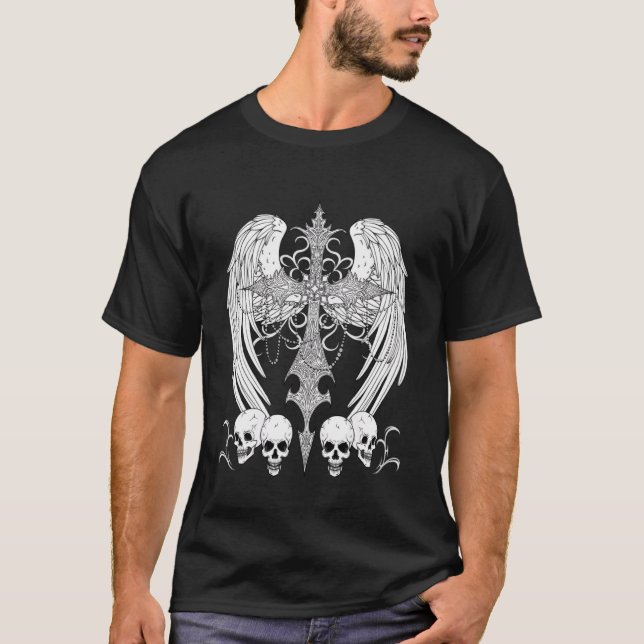 Camiseta Asas Cruzadas e Caveiras Goth Grunge Alt Emo (Frente)