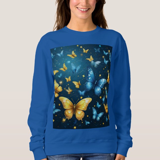 Camiseta Asas de alegria: Borboletas voadoras azuis e amare (Frente)