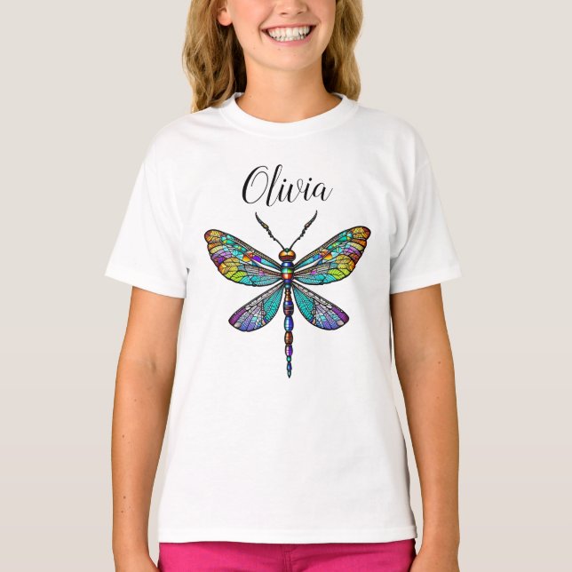 Camiseta Asas de Dragonfly de Vidro Coloridas (Frente)