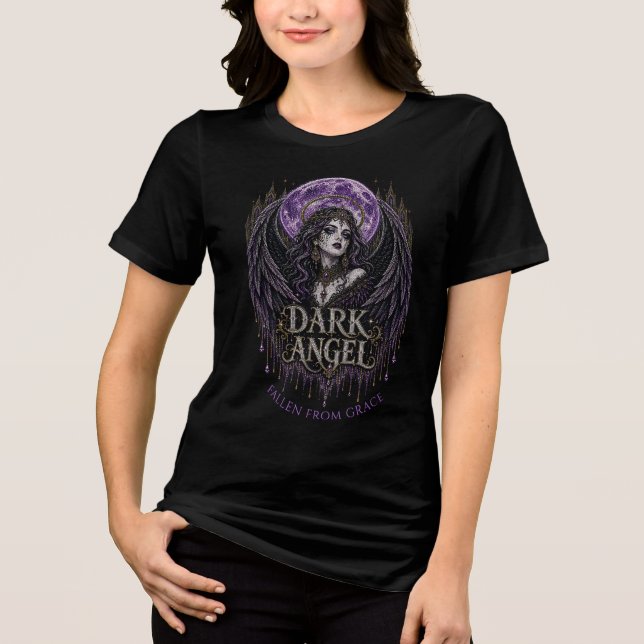 Camiseta Asas de Lua do Anjo Negro Arte Gótica com Cristal  (Frente)