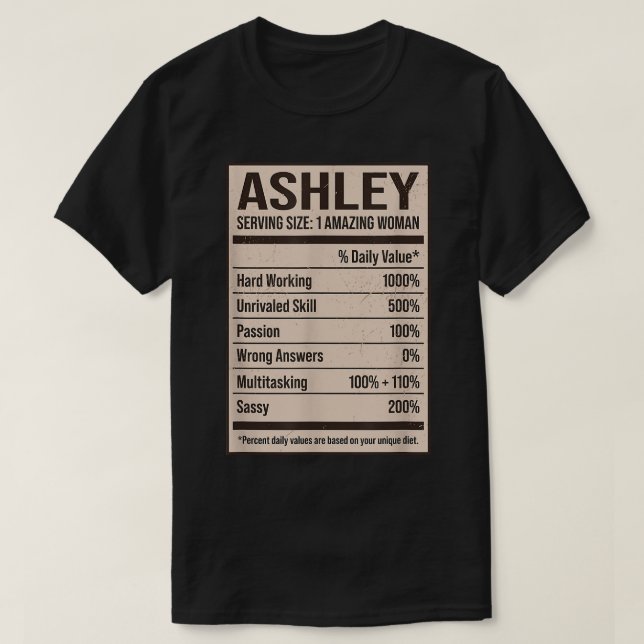 Camiseta Ashley Nutrition Facts Name Apelido Alias Title F (Frente do Design)